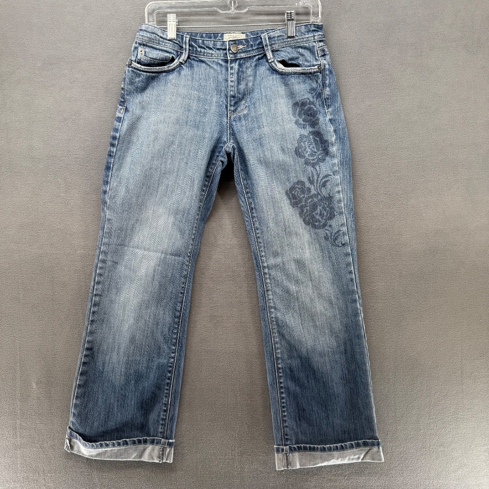 White House Black Market Jeans Blanc Womens 4S Blue Cuff Floral Print Stretch‎